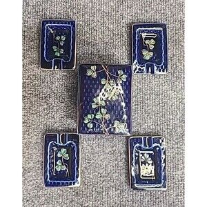 Ceramic Individual 4-Ashtray Box w/Lid Cobalt Blue Japan Antique